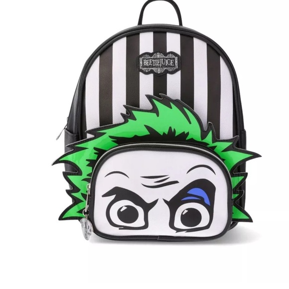 Beetlejuice Striped Mini Backpack with Iconic Green Hair Design - Picture 1 of 8
